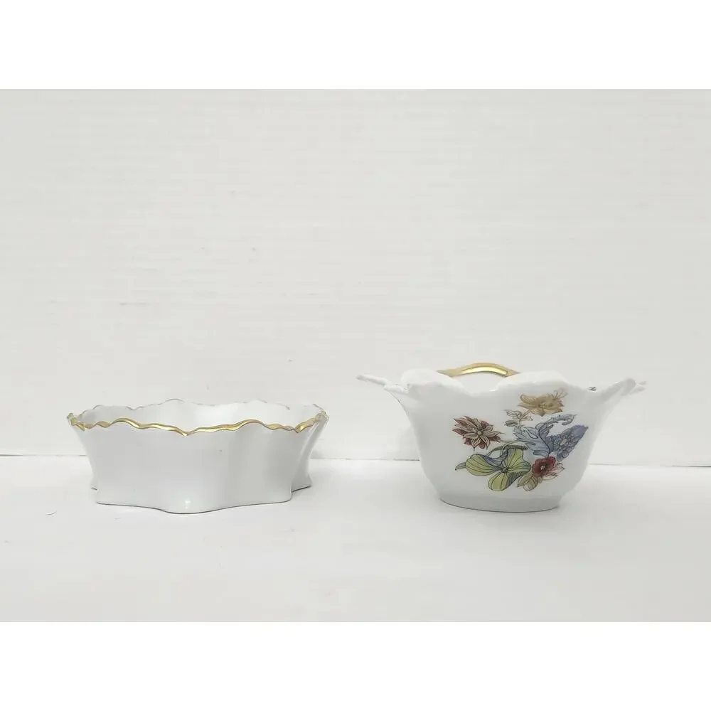 Vintage Fine Porcelain Floral Trinket Dish Bowl Set Gold Trim